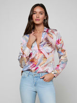 Tyler Silk Blouse -Light Pink Multi Large Postcard Print