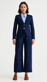 Linen Cropped Pleated Trouser - Navy Linen