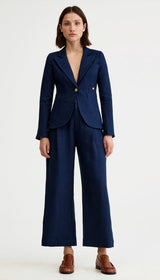 Linen Cropped Pleated Trouser - Navy Linen