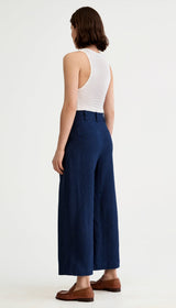 Linen Cropped Pleated Trouser - Navy Linen