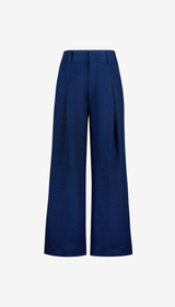 Linen Cropped Pleated Trouser - Navy Linen