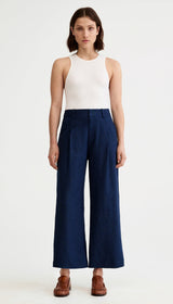 Linen Cropped Pleated Trouser - Navy Linen