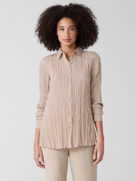 Crinkle Silk Habutai Classic Collar Shirt