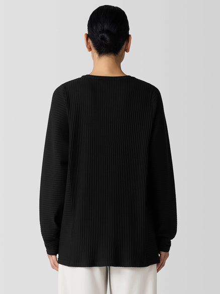 Textured Stretch Rib Round Neck Long-Sleeve Top - Black