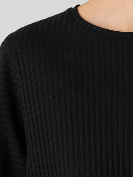 Textured Stretch Rib Round Neck Long-Sleeve Top - Black