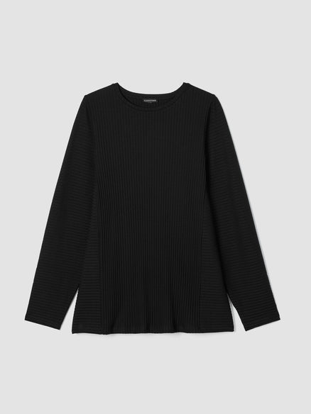 Textured Stretch Rib Round Neck Long-Sleeve Top - Black
