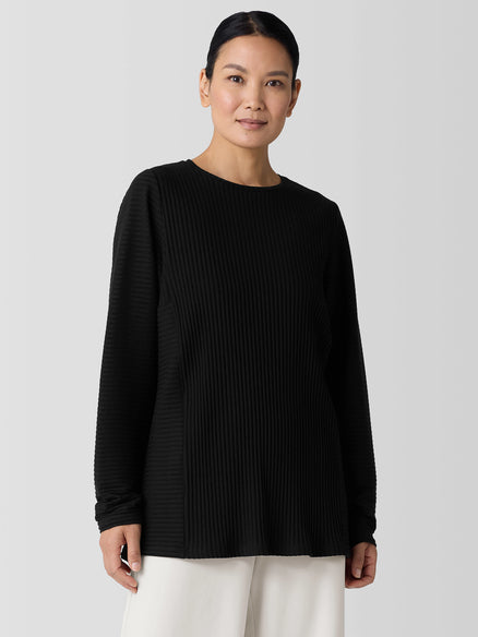 Textured Stretch Rib Round Neck Long-Sleeve Top - Black
