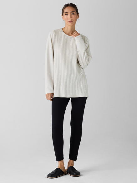 Textured Stretch Rib Round Neck Long-Sleeve Top - Bone