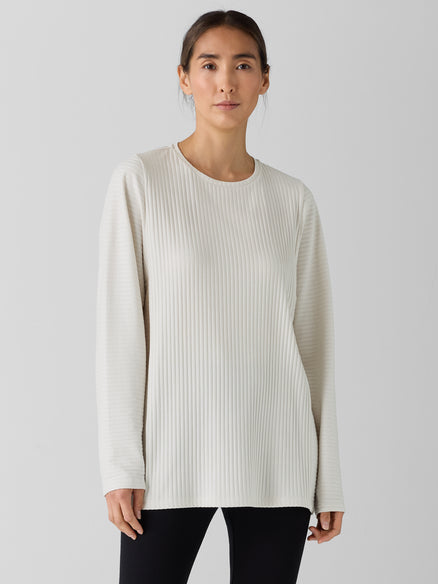 Textured Stretch Rib Round Neck Long-Sleeve Top - Bone