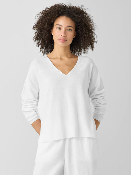 Organic Linen Cotton V-Neck Top - White