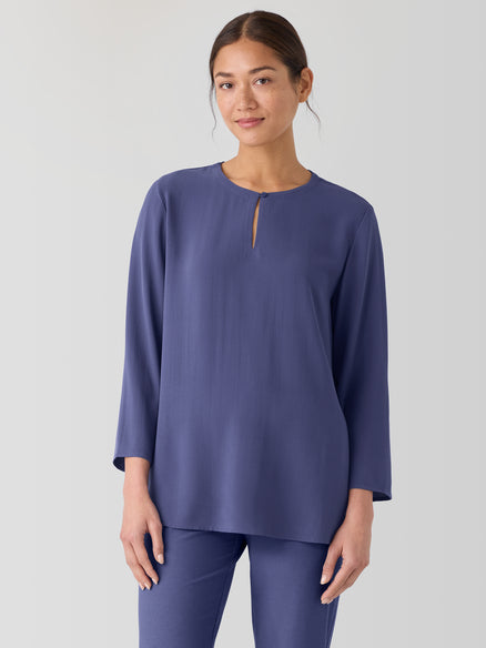 Silk Georgette Crepe Keyhole Top - Bluette