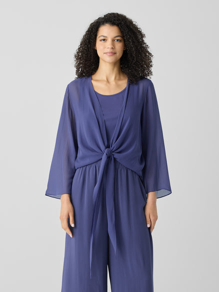 Sheer Silk Georgette Tie Jacket - Bluette