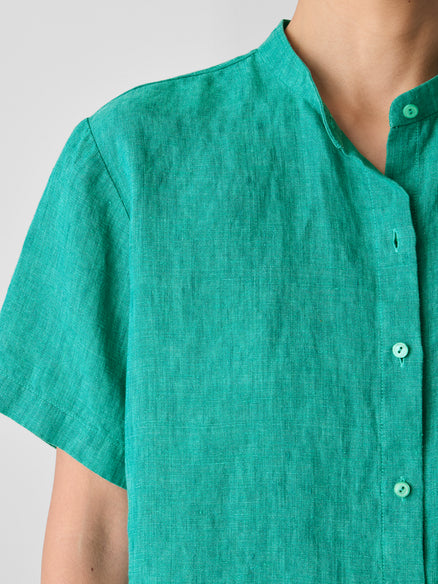 Washed Organic Linen Délavé Band Collar Shirt - Jade
