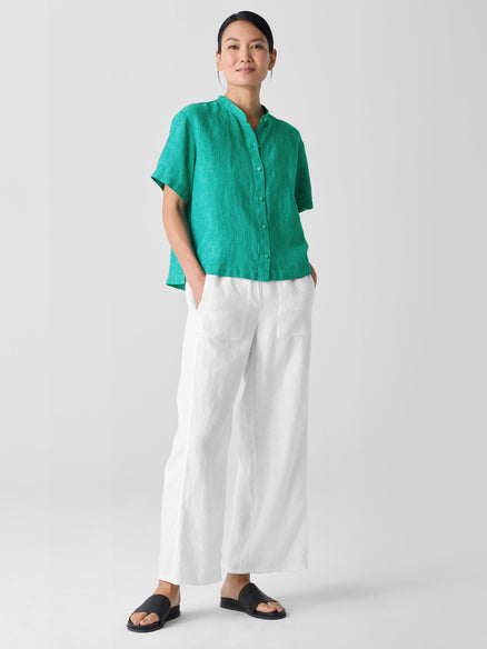 Washed Organic Linen Délavé Band Collar Shirt - Jade