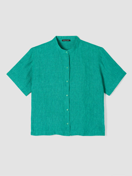 Washed Organic Linen Délavé Band Collar Shirt - Jade