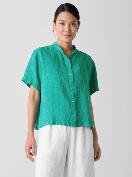 Washed Organic Linen Délavé Band Collar Shirt - Jade