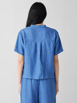 Washed Organic Linen Délavé Band Collar Shirt - Ultramarine