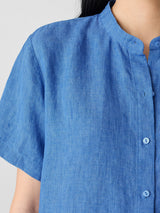 Washed Organic Linen Délavé Band Collar Shirt - Ultramarine