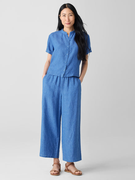 Washed Organic Linen Délavé Band Collar Shirt - Ultramarine