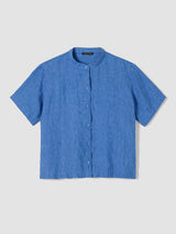 Washed Organic Linen Délavé Band Collar Shirt - Ultramarine