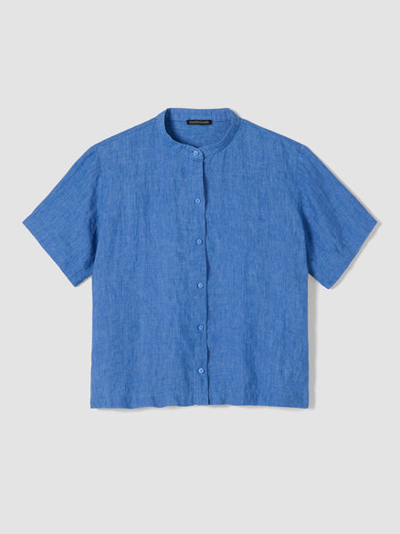 Washed Organic Linen Délavé Band Collar Shirt - Ultramarine