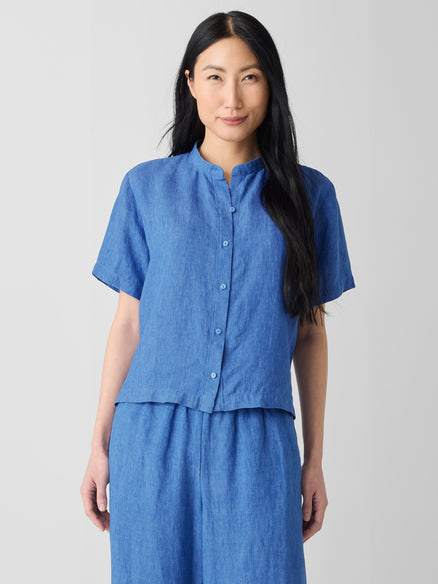 Washed Organic Linen Délavé Band Collar Shirt - Ultramarine