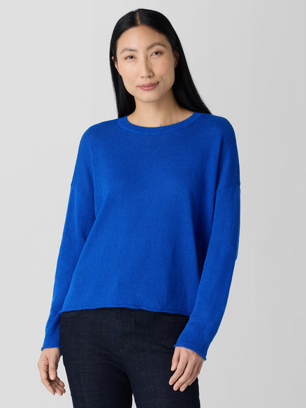 Organic Linen Cotton Cord Crew Neck Top - Lapis