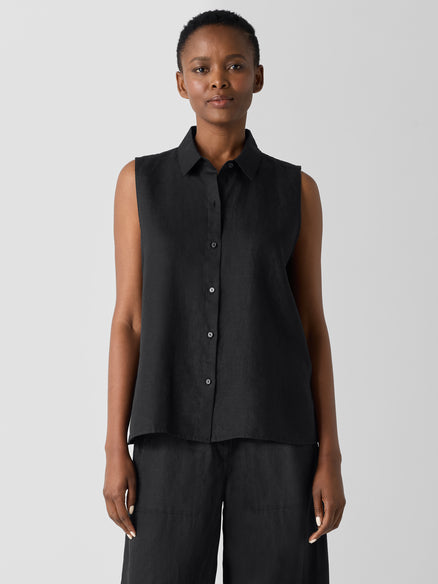 Organic Handkerchief Linen Sleeveless Shirt - Black