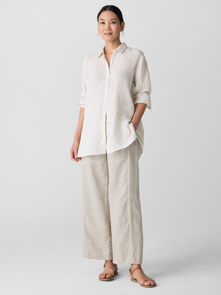 Puckered Organic Linen Stripe Classic Collar Shirt