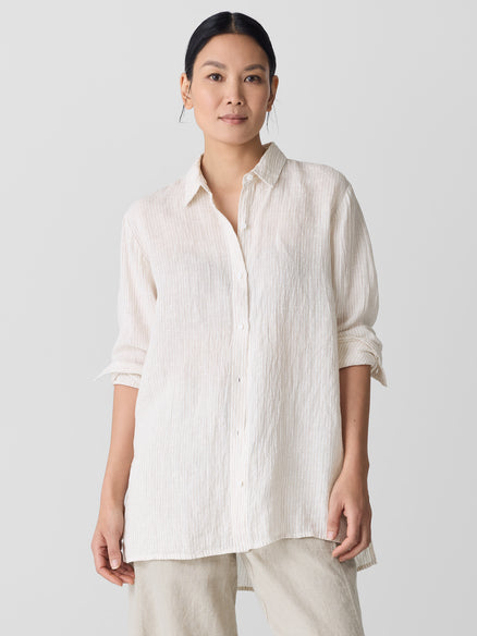 Puckered Organic Linen Stripe Classic Collar Shirt