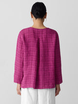 Puckered Organic Linen Plaid Keyhole Top