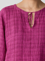 Puckered Organic Linen Plaid Keyhole Top