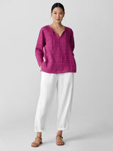 Puckered Organic Linen Plaid Keyhole Top