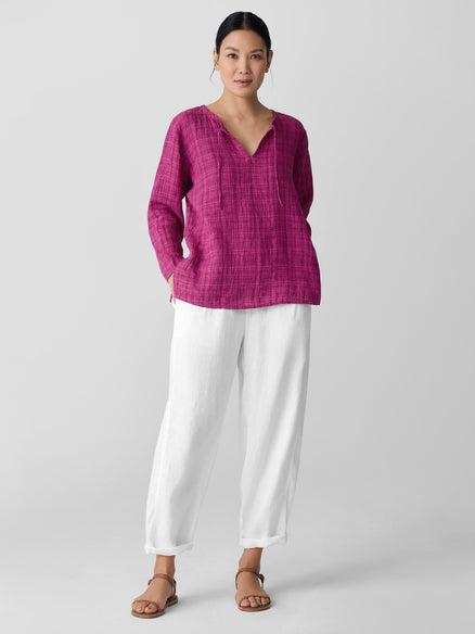Puckered Organic Linen Plaid Keyhole Top