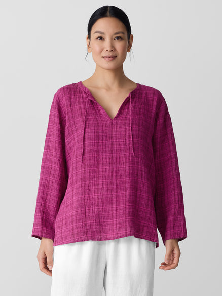 Puckered Organic Linen Plaid Keyhole Top