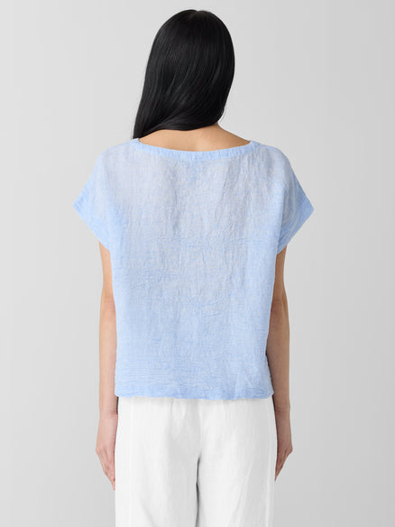 Puckered Organic Linen Stripe Ballet Neck Top