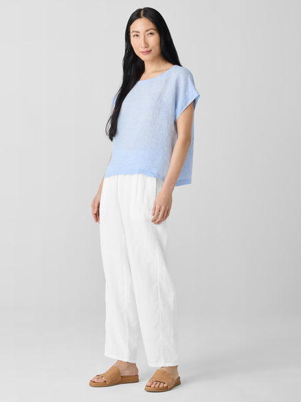 Puckered Organic Linen Stripe Ballet Neck Top