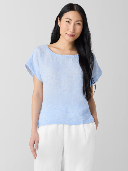 Puckered Organic Linen Stripe Ballet Neck Top