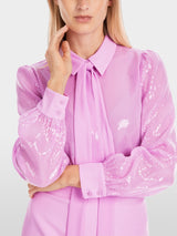 Plain sequin fabric pussy bow blouse