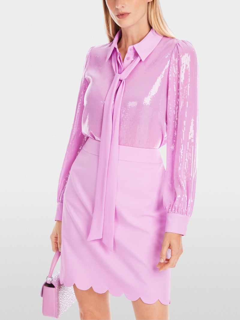 Plain sequin fabric pussy bow blouse