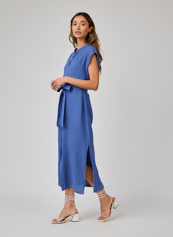 Linen Cap Sleeve Button Front Midi Dress - Antique Indigo