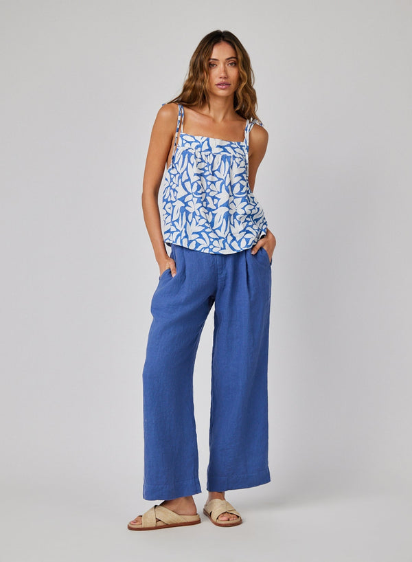 Linen Pleated Wide Leg Ankle Pant - Antique Indigo