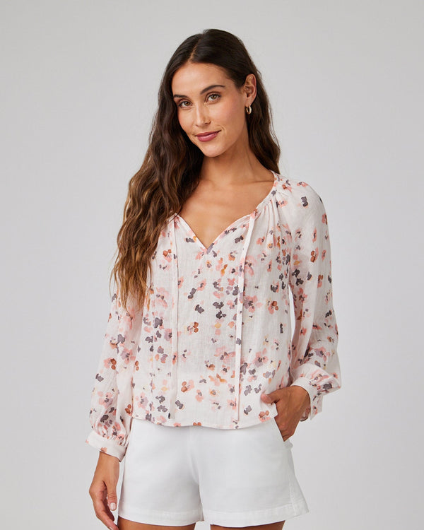 Shirred Raglan Tie Front Blouse - Hana Floral Print